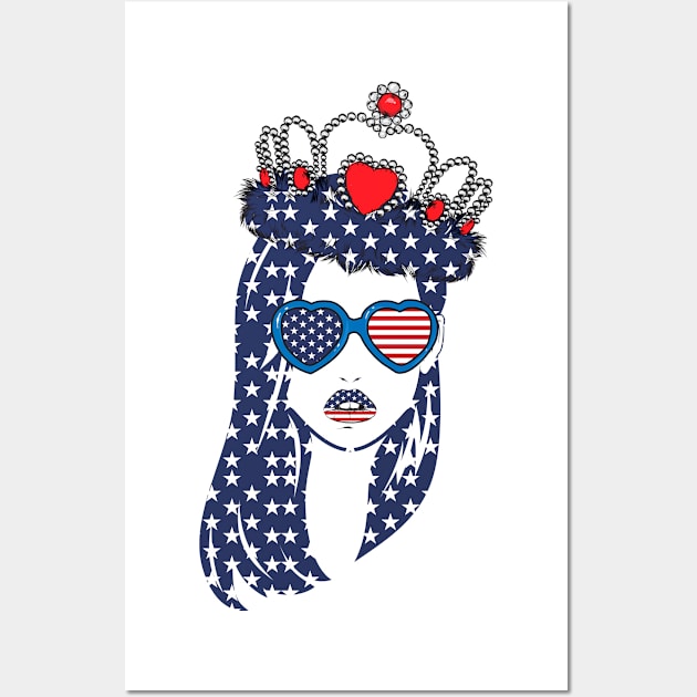 Beautiful girl illustration With a Crown And Glasses American Flag for 4th of July Wall Art by tee4ever